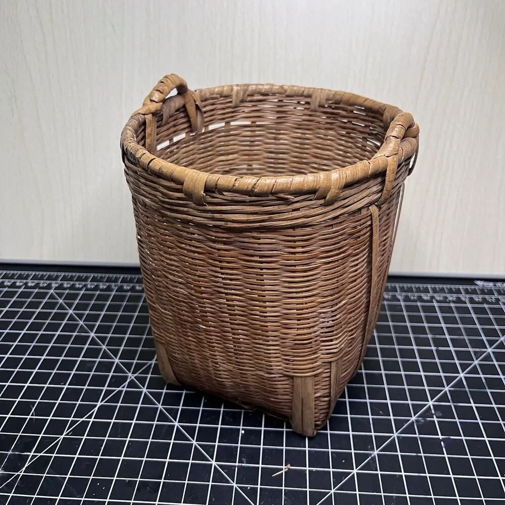 Vintage Handmade Wicker Rattan Basket Planter Brown W Tortoise Bamboo Reeds Boho